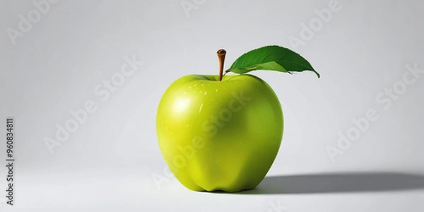 Fototapeta A green apple with a leaf, on a white background 