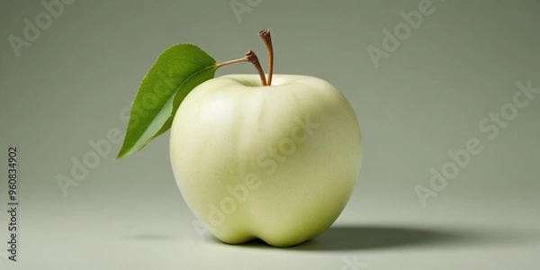 Fototapeta A green apple with a leaf, on a white background 