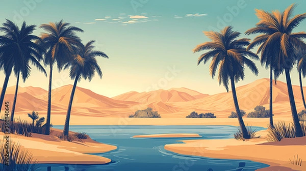 Fototapeta Desert oasis with palm trees. Desert Oasis. Illustration
