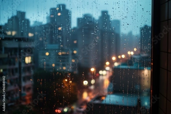Fototapeta The view from a city apartment balcony as rain falls, with the sounds of the city muted by the weather. 