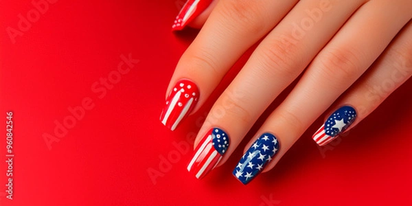 Fototapeta Vibrant close-up of a hand with nails painted with the American flag design, with stars and stripes on a red background.