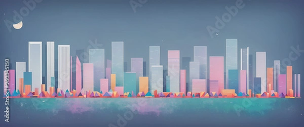 Fototapeta Illustrative color illustration of a cityscape or skyline of a distant city in a graphic style