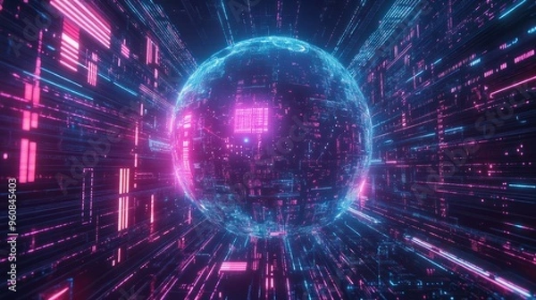 Fototapeta Metaverse digital world cyber space background, neon colorful global world in cyber space, future energy power technology and internet connection concept.