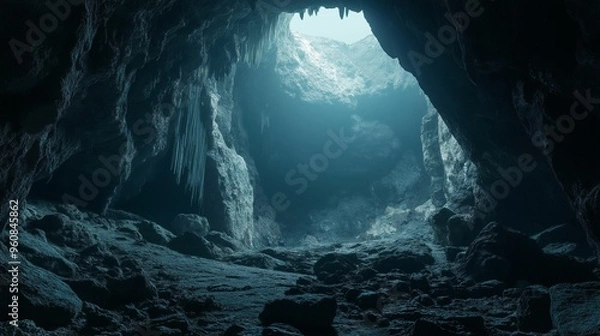 Fototapeta A dark cave with jagged rocks and stalactites, illuminated by natural light filtering through the entrance at the top.