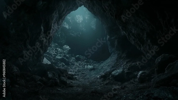Fototapeta A dark cave with jagged rocks and stalactites, illuminated by natural light filtering through the entrance at the top.