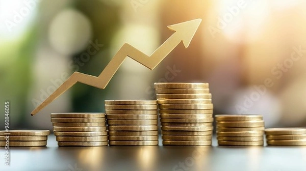 Fototapeta A stack of gold coins with an upward arrow symbolizing financial growth, investment success, and economic progress.