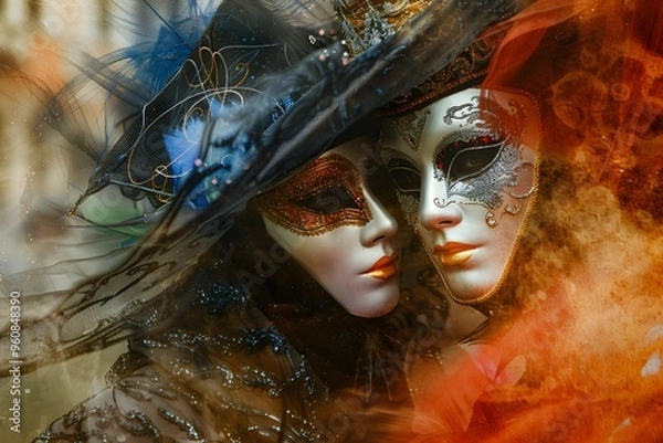 Obraz Venetian carnival masks. Two people in masks. Masquerade.