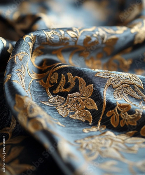 Fototapeta Brocade fabric with opulent gold and silver patterns, folded elegantly on a glass table