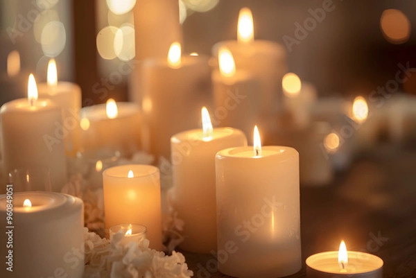 Fototapeta Warm light from lit candles creating a cozy ambiance in a peaceful setting