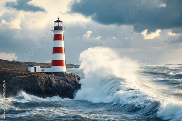 Fototapeta a red and white striped lighthouse on a rock with sea waves crashing against it, geneative AI