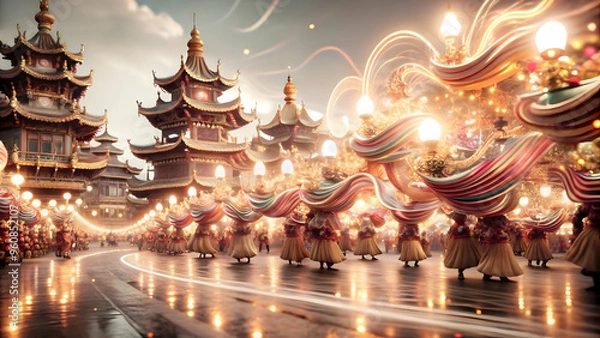 Fototapeta Vibrant 3D Abstract Digital Art of Mid Autumn Festival Parade with Colorful Floats and Swirling Lights - Wide Angle Shot Capturing Parade Flow, Isolated on White Background