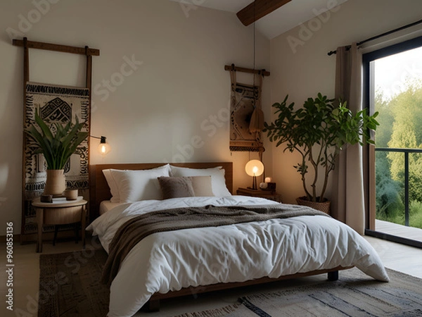 Fototapeta Boho Bedroom with Fireplace and Nature View: A Cozy and Warm Design