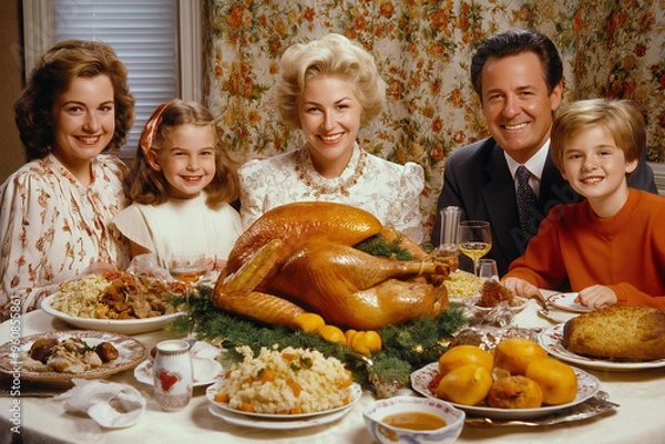 Fototapeta vintage picture of smiling retro family with juicy roasted turkey for thanksgiving day sitting at table with food and celebrating, pin up style, generative AI, generative