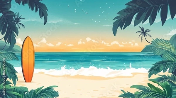 Fototapeta Surf's Up: Retro Beach Scene with Cartoon Surfboard Design in Bright Graphics and Cool Turquoise Tones