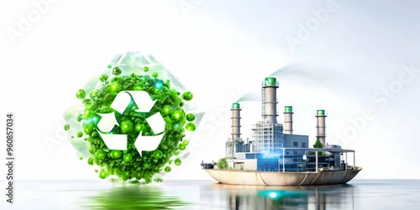 Fototapeta 3D Glossy Factory and Recycling Symbol with Holographic Waste Management Data for Sustainability Goals Concept