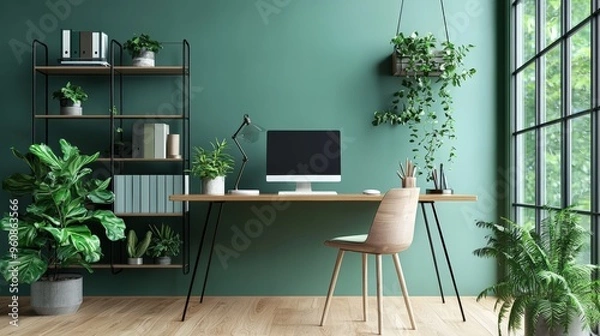 Fototapeta Contemporary home office with eco-friendly decor and smart home integration, reducing overall energy consumption, copy space