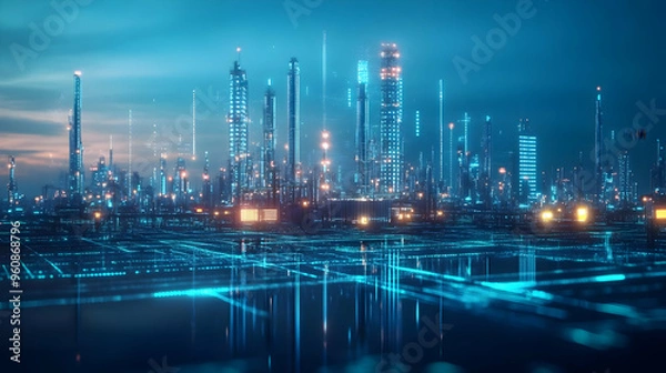 Fototapeta Futuristic Cityscape with Digital Network and Glow Lights