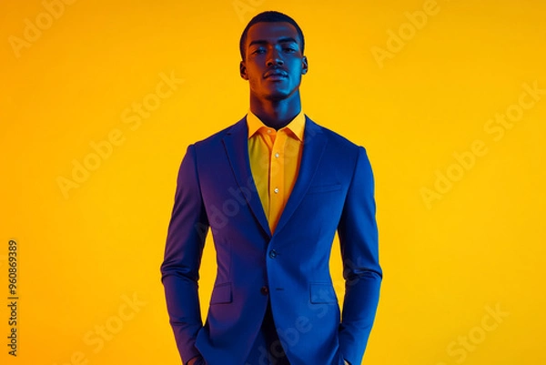 Obraz Modern Men in Navy Blue Suit with Solid Neon Yellow Background Fashion Portrait with Trendsetting Style