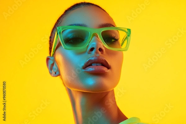 Obraz Stylish Womans Mountain Green Eyewear with Solid Neon Yellow Background Bold Fashion Portrait with Modern Appeal