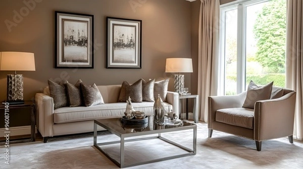 Obraz Tranquil Taupe Colored Living Space with Tasteful Modern Furnishings and Serene Soothing Ambiance  Comfortable Peaceful Home Interior Design