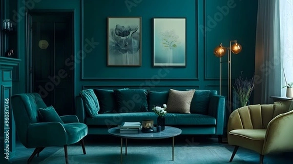 Fototapeta Soothing Teal Toned Living Room with Minimalist Decor and Cozy Ambiance A tranquil and serene interior design showcasing a modern teal colored living space with a calming and inviting atmosphere