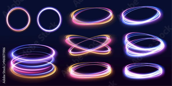 Fototapeta Set of neon blurry light circles at motion. Energy flow tunnel. Blue portal, platform. Magic circle vector swirl trail effect. 