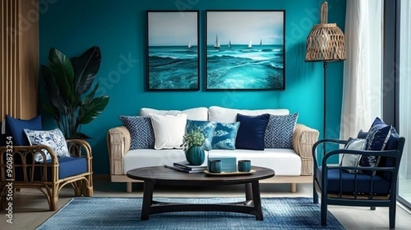 Fototapeta Calming and Sophisticated Living Room with Oceanic Blue Hues and Coastal Accents  A tranquil and stylish interior design featuring turquoise walls navy blue accents