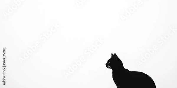 Fototapeta Black cat silhouette against a stark white background, minimalist cat, elegant contrast 