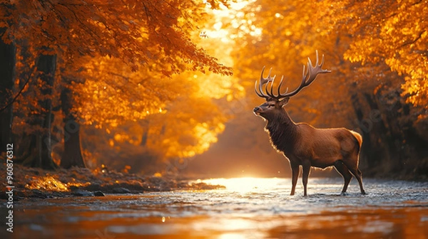 Obraz Majestic Red Deer Buck in Autumn Forest Stream