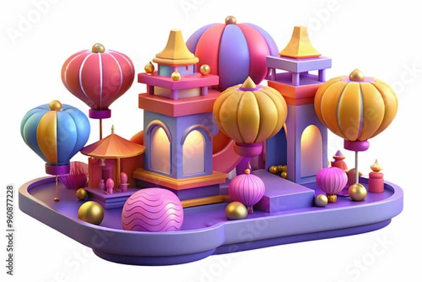 Fototapeta Flat Abstract Digital Art: Mid Autumn Festival Parade with Vibrant Glowing Lights and Colorful Floats in Smart Business Style - Wide Shot Vector Illustration