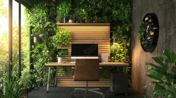 Fototapeta Home office with eco-friendly materials and energy-saving technology, focusing on reducing global warming