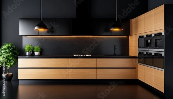 Obraz Urban modern kitchen with sleek maple cabinets and a dark slate tile backsplash, adding contrast