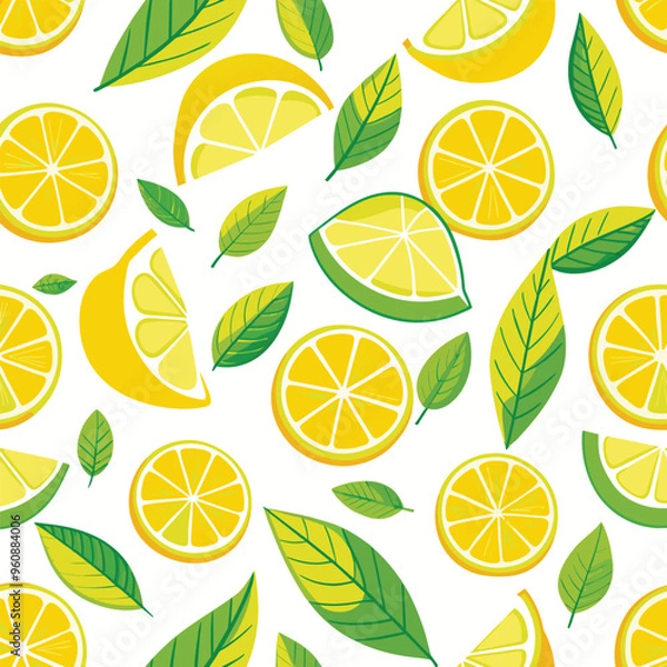 Fototapeta This seamless pattern showcases bright lemon slices and green leaves against a white background ideal for creating cheerful and refreshing designs