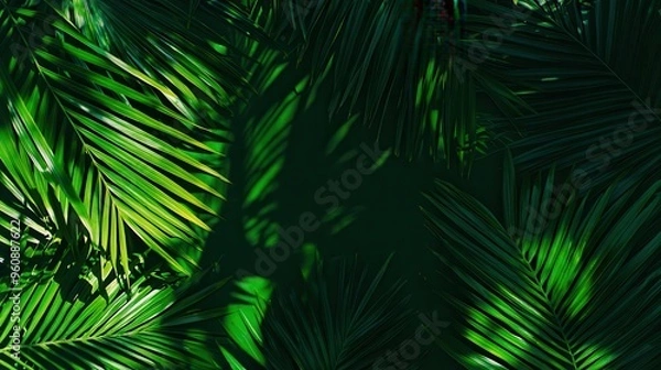 Fototapeta Lush Green Palm Leaves with Shadows on Dark Background