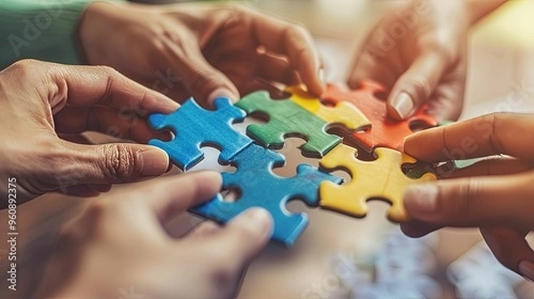 Fototapeta Hands Connecting Colorful Puzzle Pieces