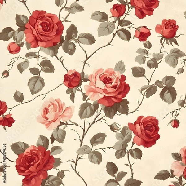 Fototapeta Elegant and timeless floral wallpaper pattern featuring a classic arrangement of red and pink rose blooms on an ivory background  This decorative botanical design creates a warm cozy