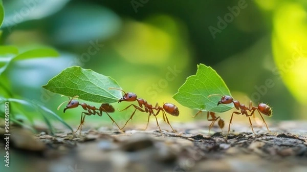 Obraz Macro shot of ants carrying leaves while marching on a jungle trail, capturing the industrious nature of these tiny creatures