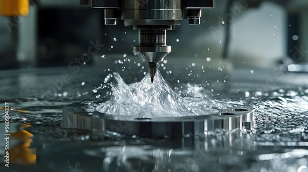 Fototapeta A close-up of a precision machining process, showcasing a cutting tool in action producing sparks and splashes in a wet environment.