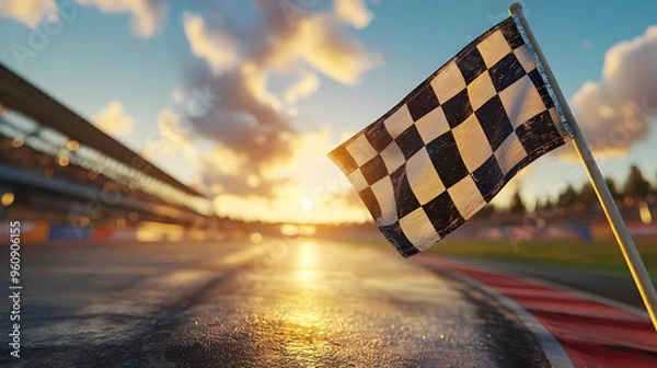 Obraz Checkered Flag Finish Line at Sunset