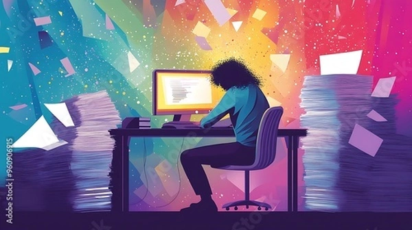 Fototapeta Overwhelmed with Work  Busy Office Worker  Desk  Computer  Paperwork  Stress  Deadline