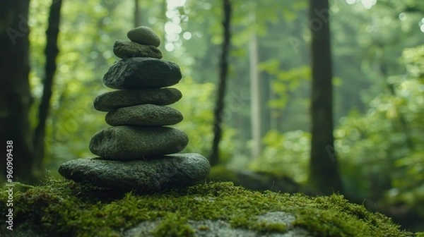 Fototapeta Stone Stack in Lush Green Forest