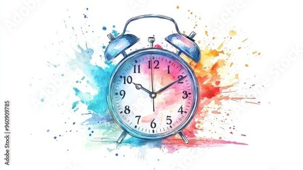 Fototapeta A colorful watercolor illustration of a vintage alarm clock, symbolizing time and creativity with vibrant splashes of color.