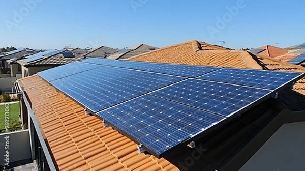 Fototapeta Solar Panels Being Installed on Residential Rooftop for Renewable Energy
