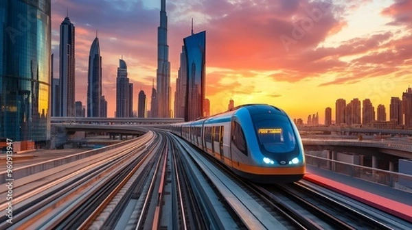 Obraz Dubai cityscape, modern metro railway with skyscrapers, sunset. Traffic, Museum of Future with urban skyline background of city UAE
