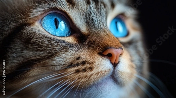 Fototapeta Close-up portrait of a cat with piercing blue eyes, looking to the side.