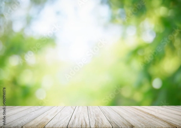 Obraz ナチュラルな板と輝く緑の背景