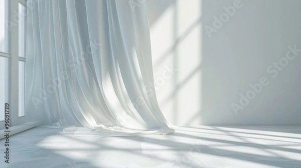 Obraz White studio background with shadows and copy space for product presentation. Summer concert backdrop.