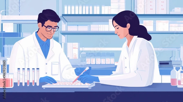 Obraz A biomedical student inputting data from a drug trial, overseen by a scientist in a modern