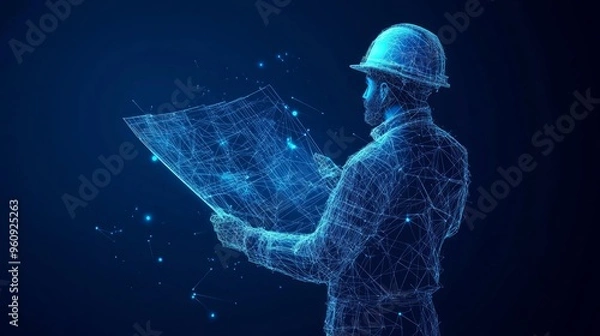 Fototapeta Engineer or architect in hard hat holding a blueprint. Abstract digital vector illustration in dark blue background. Polygonal wireframe with lines and dots. Construction concept