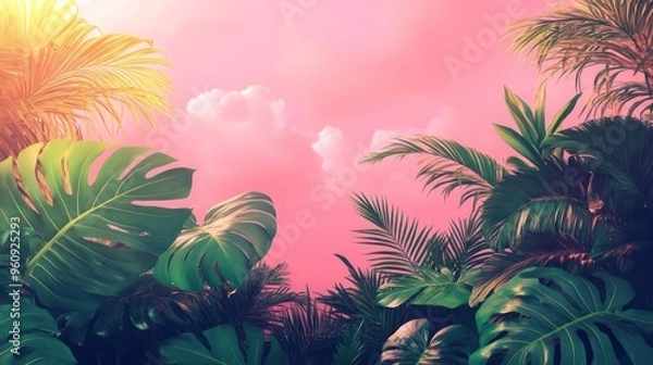 Fototapeta Colorful landscape with palm trees, lush vegetation, and a vibrant sky.